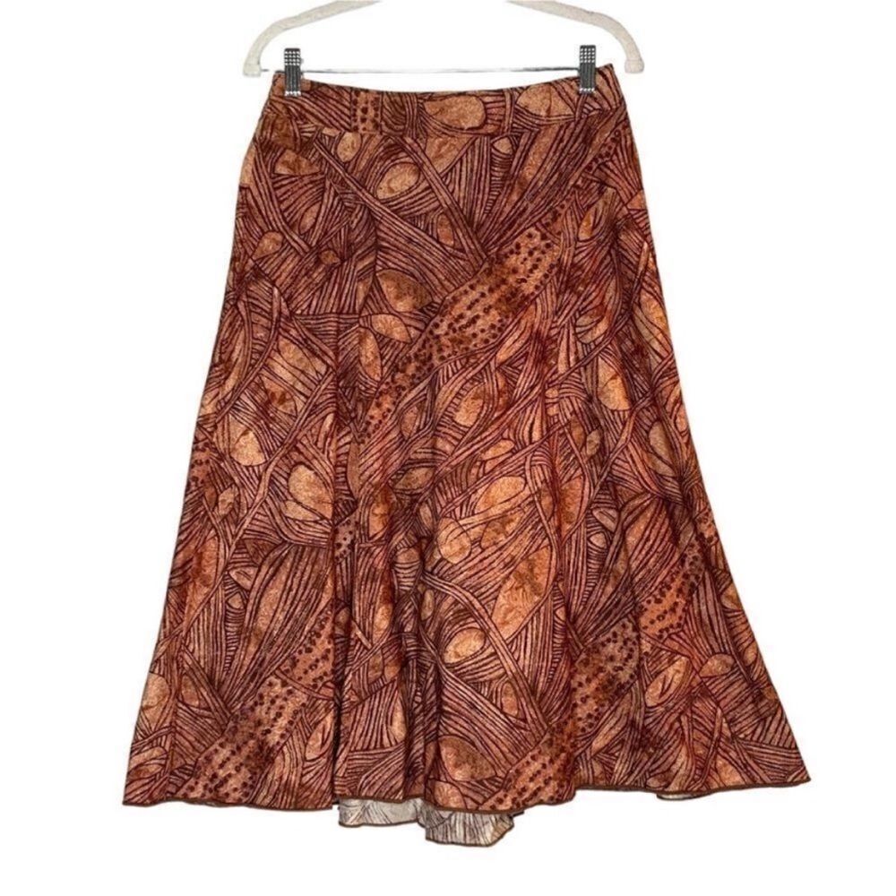 Peruvian Connection Brown Earthy Leaf Print A Line  Midi Skirt | Size 6